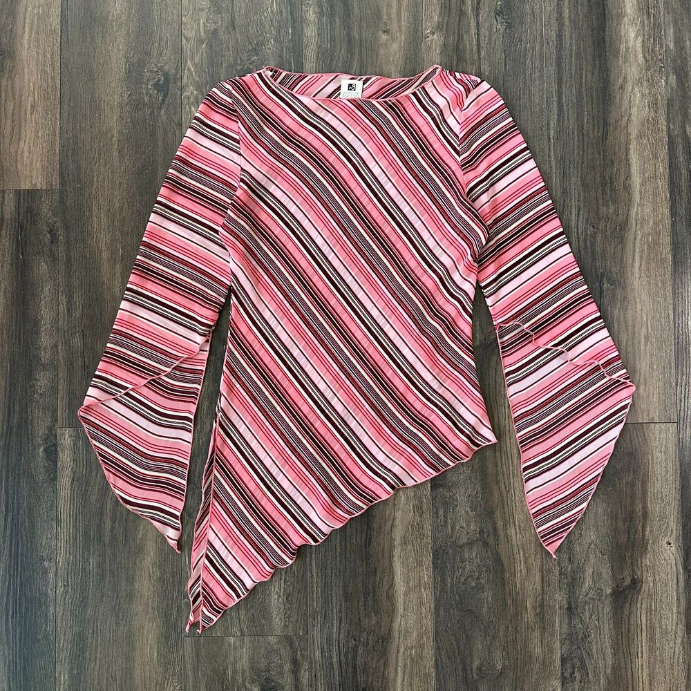Vintage Y2K 90s Asymmetrical Hem Blouse Pink Striped Flared Sleeves Size Medium